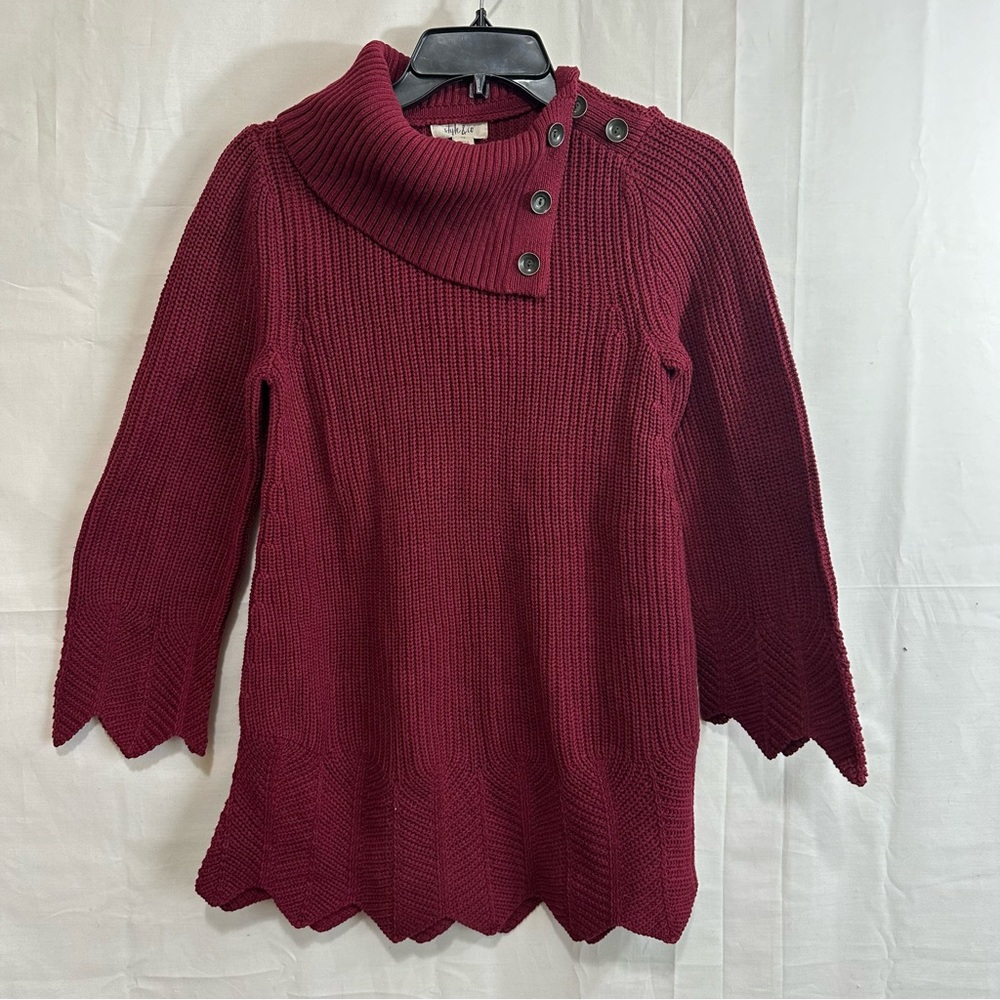 Style & Co Women Turtleneck with Buttons Patterned Knit Sweater Red Petite Small